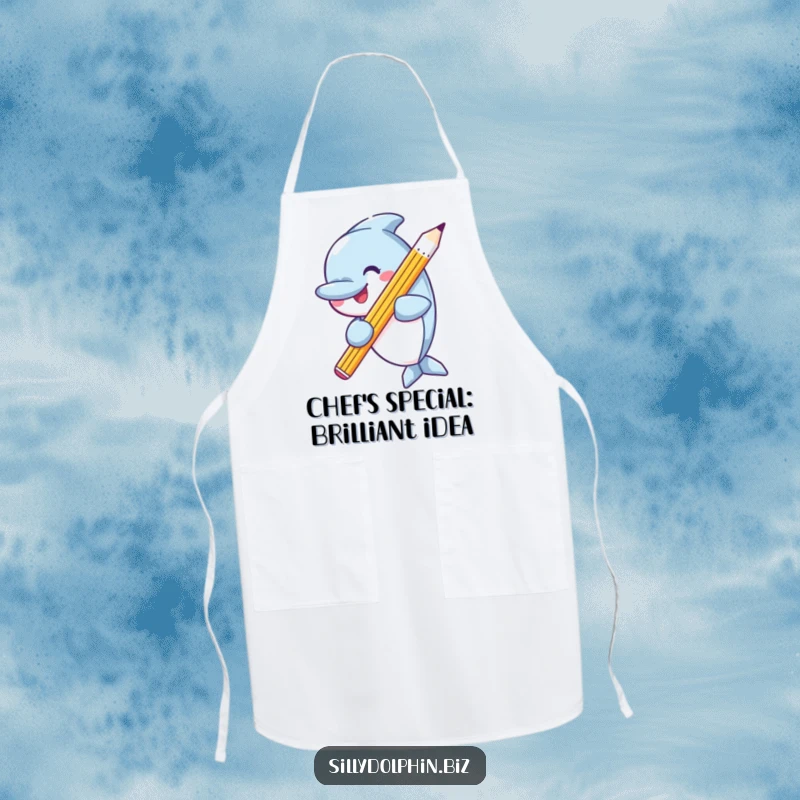 Funny apron showcasing a happy dolphin holding an oversized, sharp pencil, ready for artistic endeavors in the kitchen.