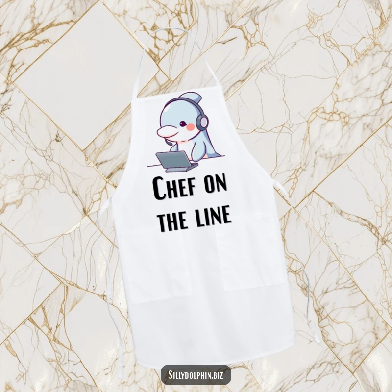 Funny dolphin apron with a headset, looking attentive behind a desk, perfect for focused and humorous cooking.