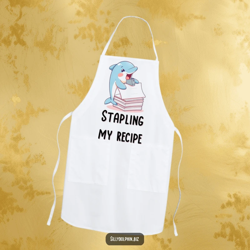 Funny Dolphin Apron: Dolphin joyfully staples oversized papers with fins, kitchen organization