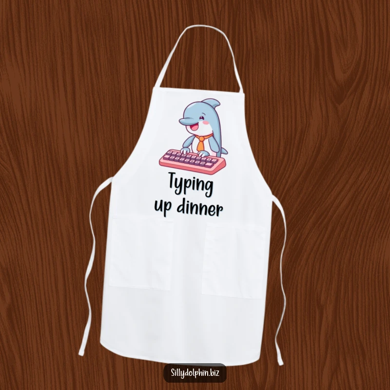 Funny dolphin apron with a tie, typing on an abstract keyboard, ideal for a humorous and stylish culinary experience.