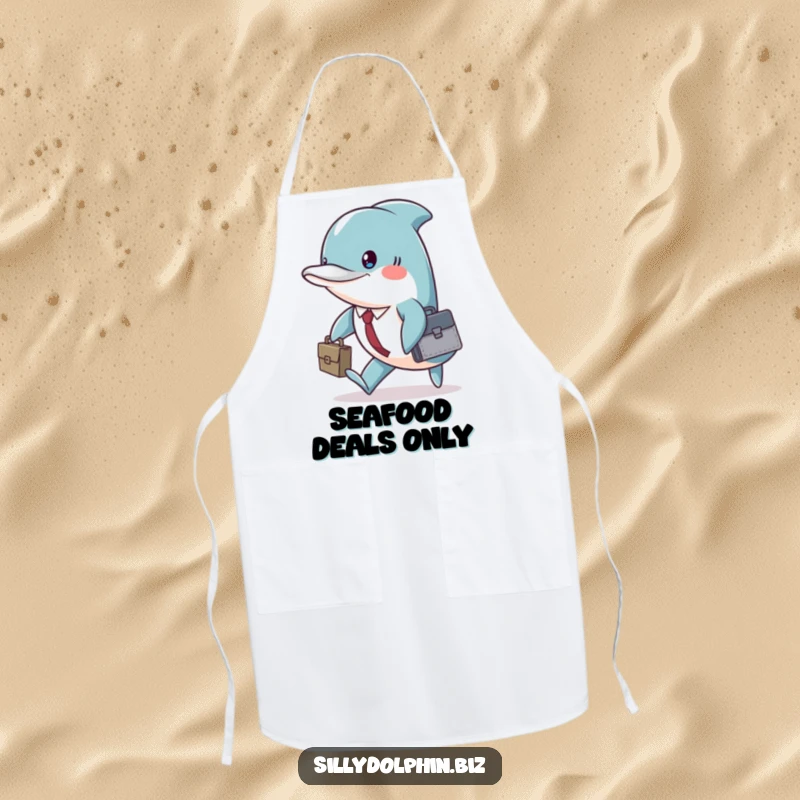 Funny dolphin in a tiny briefcase, marching with seriousness, on a kitchen apron for cooking.