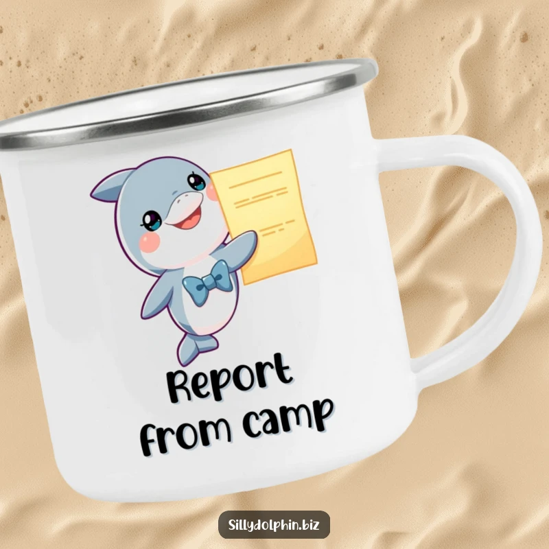 Funny Dolphin Camping Mug: Smiling dolphin in a bowtie presents a glowing oversized report, outdoor humor