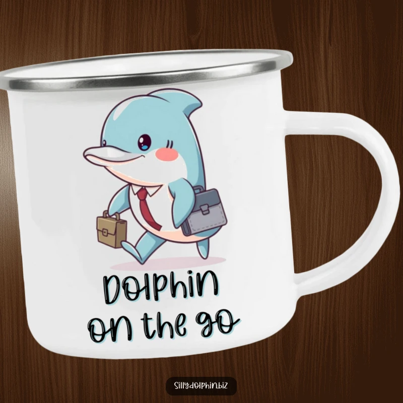 Funny dolphin carrying a briefcase, marching with determination, on a durable camping mug.