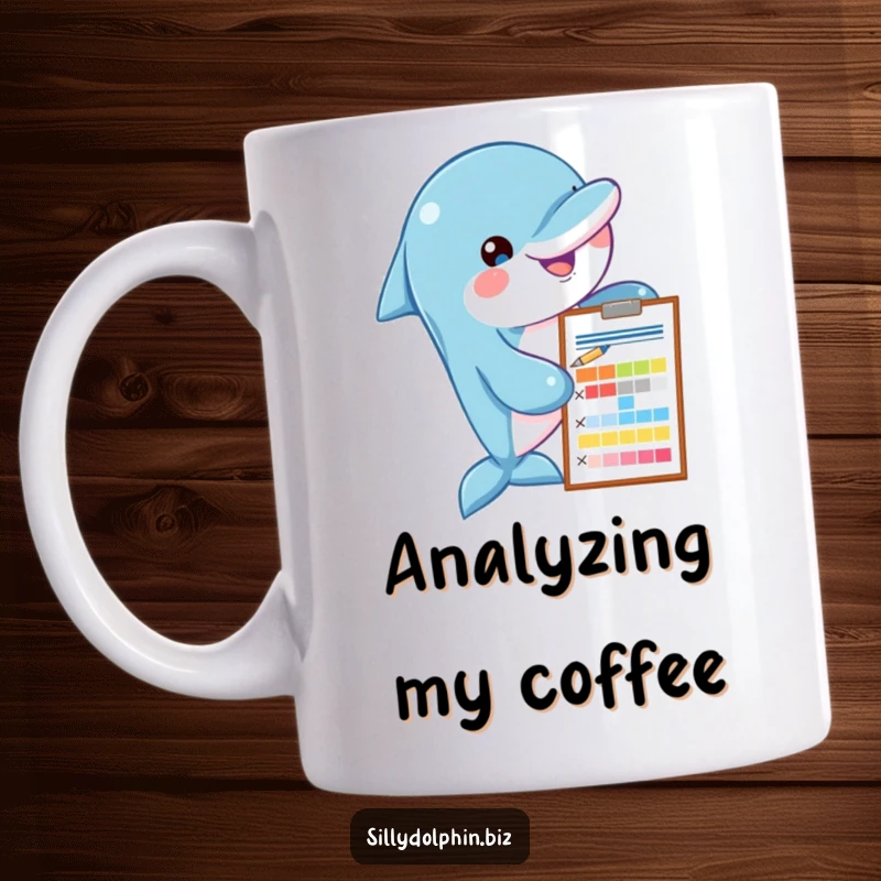Funny dolphin mug with a clipboard and pen, assessing a colorful chart, conveying analytical humor and expertise.