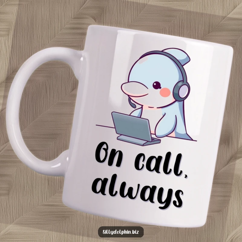 Funny dolphin mug wearing a headset, looking attentive behind a desk, ideal for customer service humor.