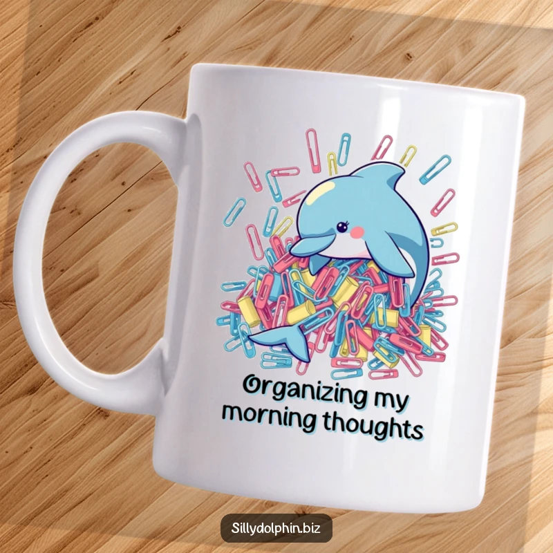 Funny mug with a playful dolphin attempting to sort a mountain of oversized paperclips, showcasing marine life's organizational skills.