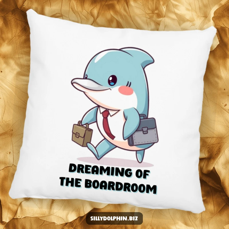 Funny dolphin carrying a briefcase, marching with a focused expression, on a soft, decorative pillow.