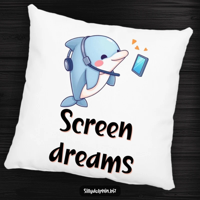 Funny Dolphin Pillow: Dolphin wearing a headset looks enthusiastically at a floating screen, cozy decor