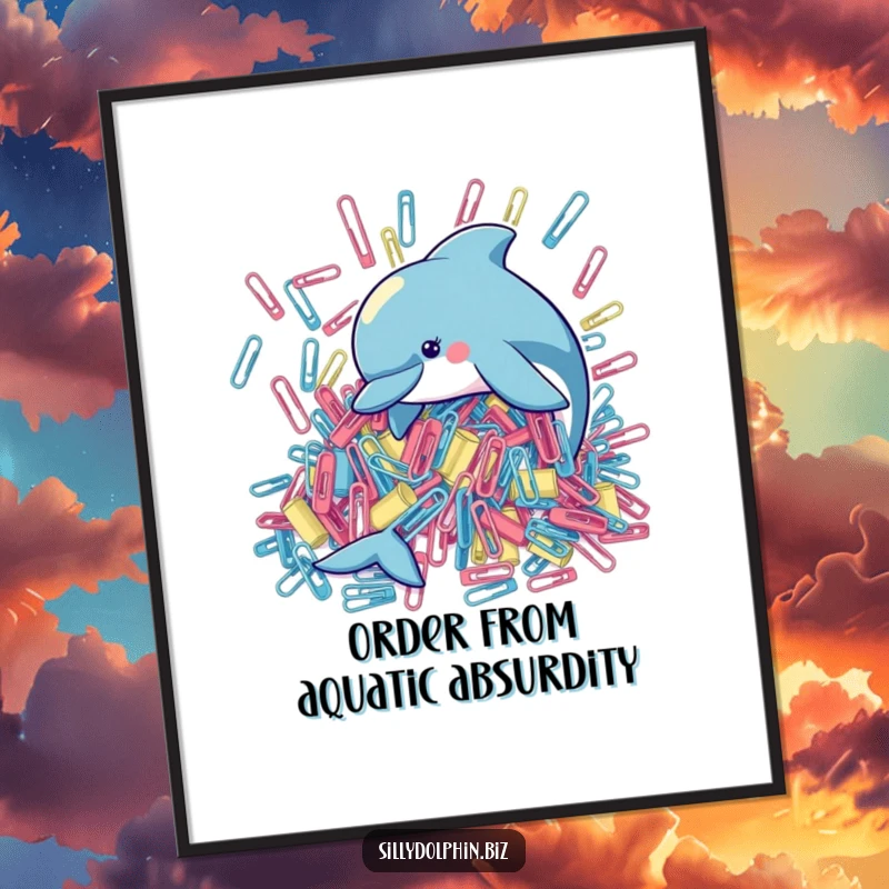 Funny digital artwork of a playful dolphin diligently organizing a huge pile of oversized paperclips, creating a humorous scene.