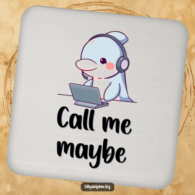 Funny dolphin coaster with a headset, looking attentive behind a desk, offering attentive and humorous surface protection.
