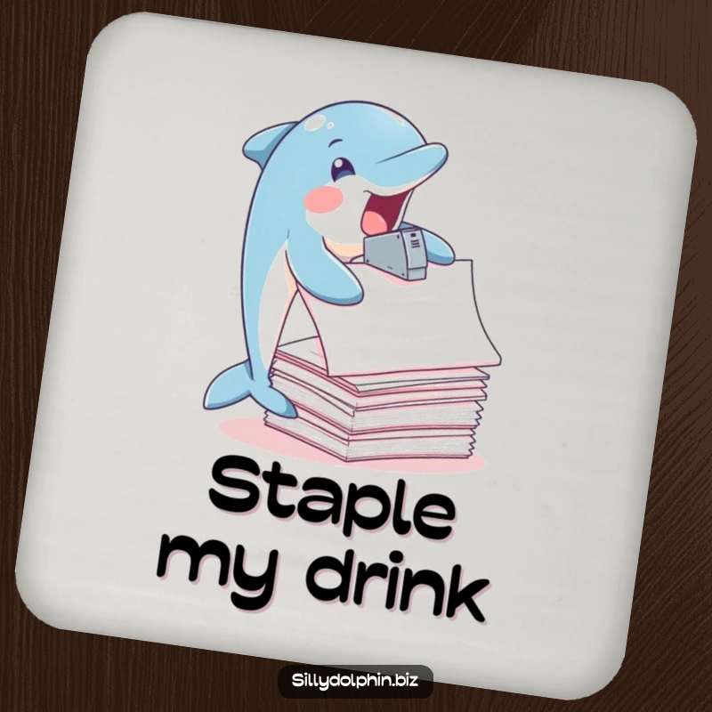 Funny Dolphin Coaster: Dolphin joyfully staples oversized papers with fins, surface protection