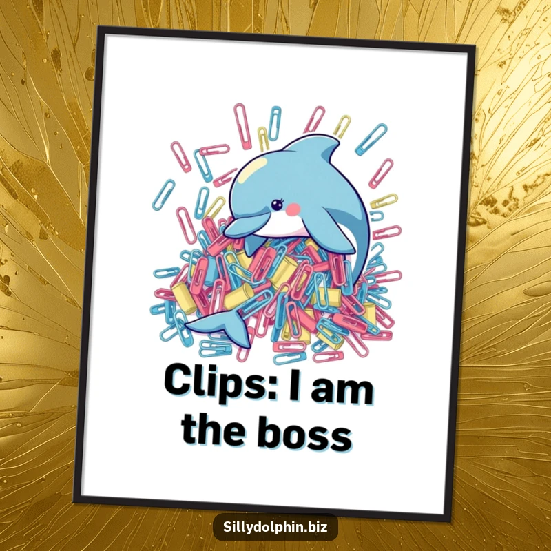 Funny poster print of a dolphin diligently trying to organize a huge pile of oversized paperclips, a whimsical and humorous scene.