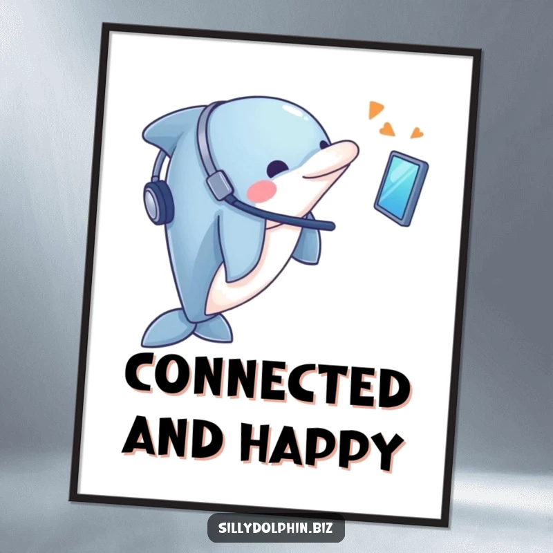 Funny Dolphin Poster: Dolphin wearing a headset looks enthusiastically at a floating screen, digital art
