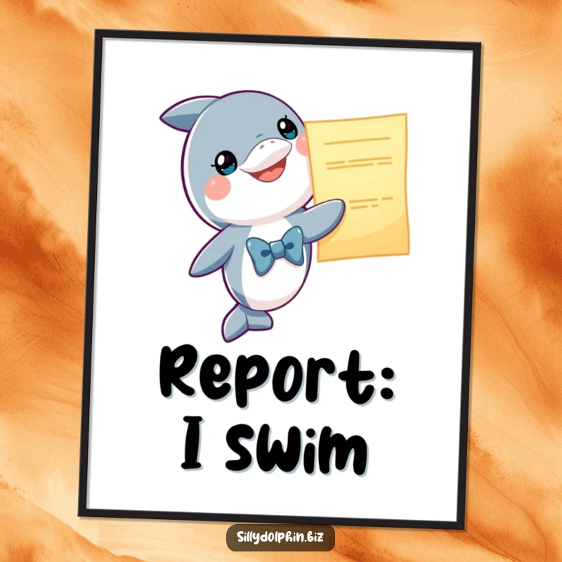 Funny Dolphin Poster: A smiling dolphin in a tiny bowtie presents a glowing oversized report, inspiring art