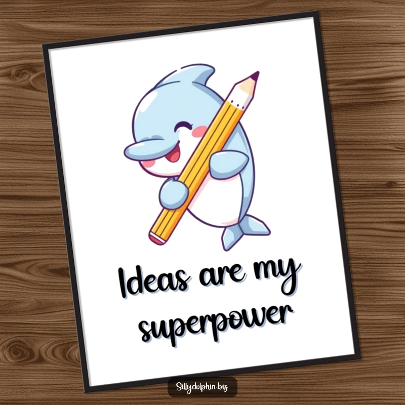 Funny poster print of a happy dolphin proudly holding a single, oversized, sharpened pencil, symbolizing creativity and joy.