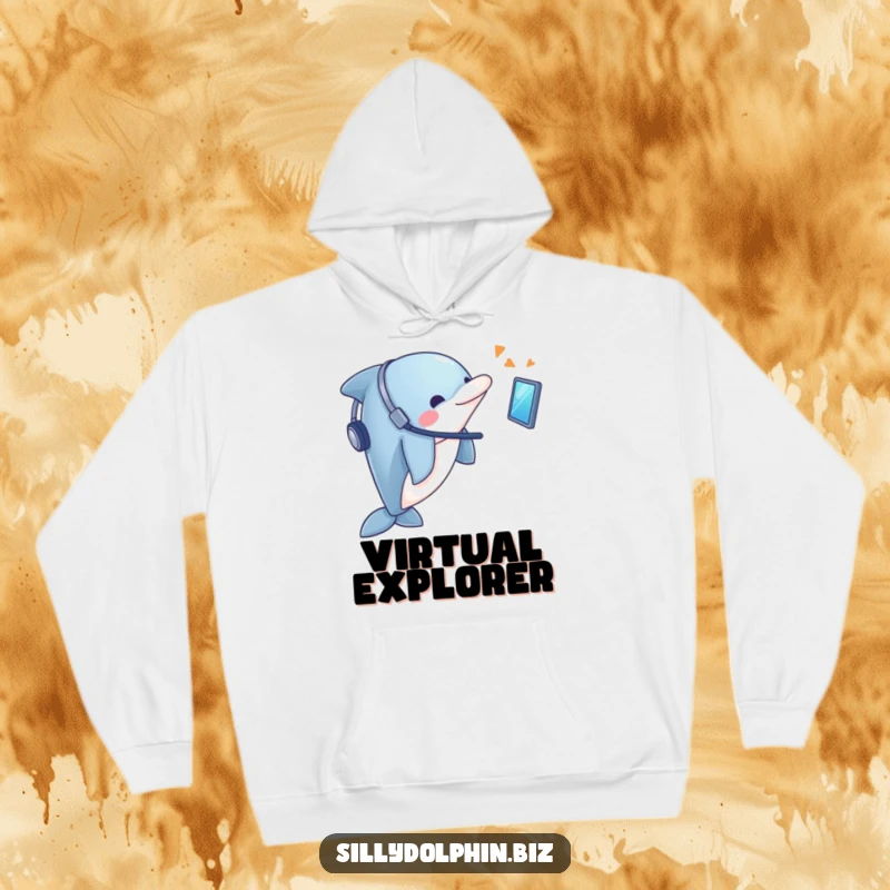 Funny Dolphin Hoodie: Dolphin wearing a headset looks at a floating screen with enthusiasm, comfy gift
