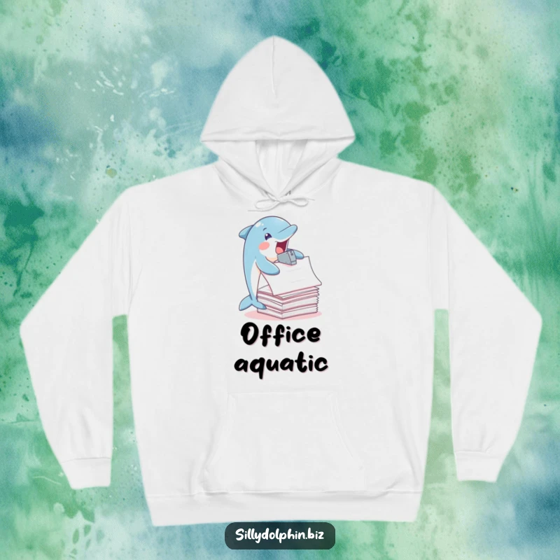 Funny Dolphin Hoodie: Dolphin joyfully staples oversized papers with fins, comfy office wear