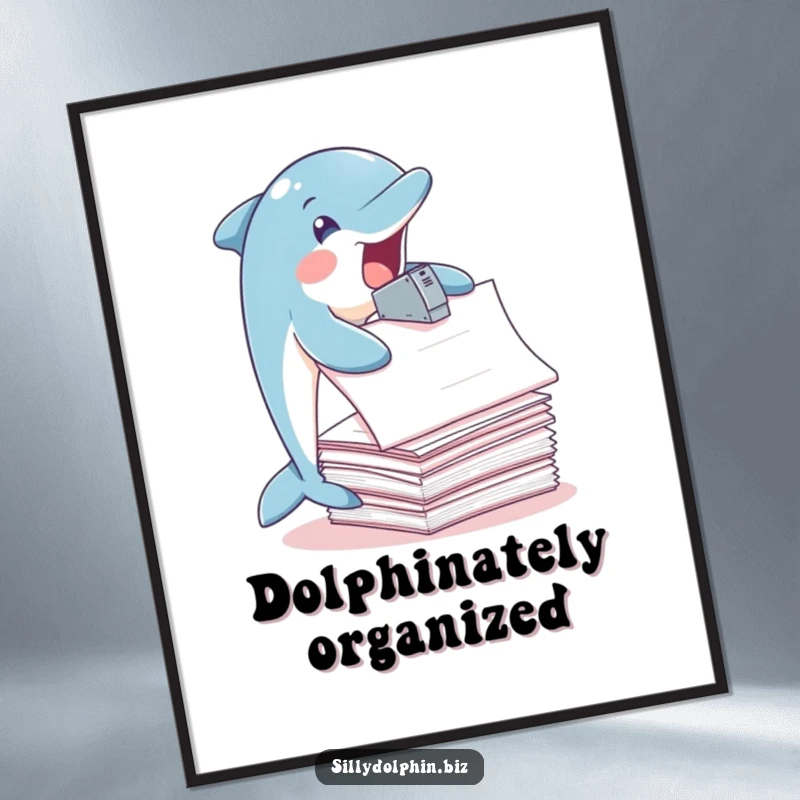 Funny Free Printable Wall Art: Dolphin joyfully staples an enormous pile of oversized papers with its fins.
