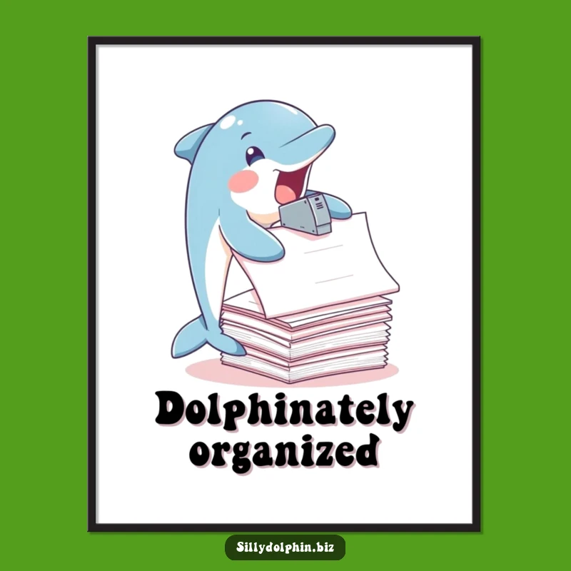 Funny Free Printable Wall Art: Dolphin Overwhelmed by Paperwork - Quirky Office Decor