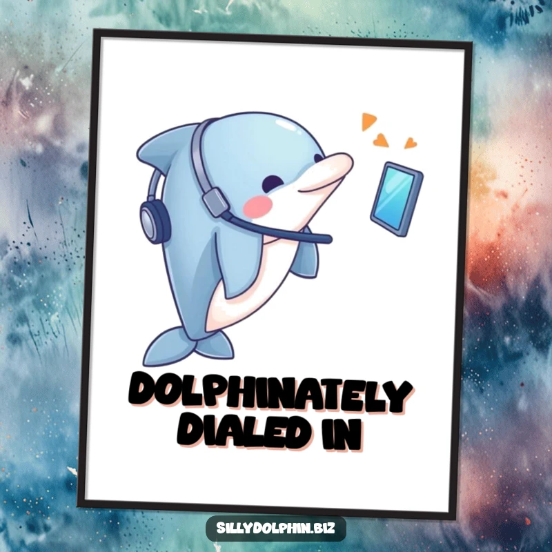Funny Free Printable Wall Art: Dolphin wearing a tiny headset looks intently at a floating, glowing screen.