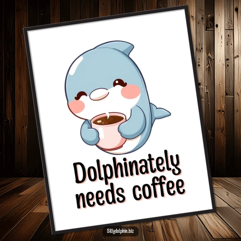 Funny Free Printable Wall Art: A dolphin with a content expression holds a tiny, steaming cup of coffee.