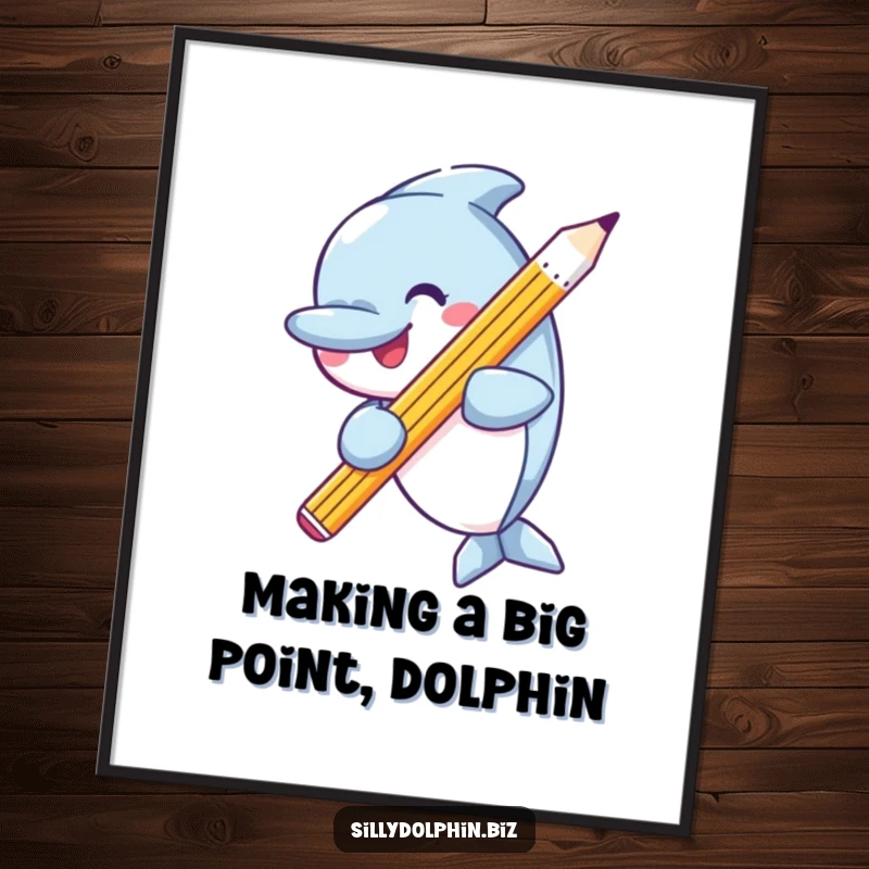 Funny Free Printable Wall Art: A happy dolphin proudly displays a giant, perfectly sharpened pencil. Intelligent and playful art.