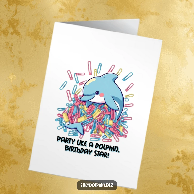Funny Free Printable Birthday Card: A playful dolphin dives into a mountain of huge paperclips, attempting order. Humorous chaos.