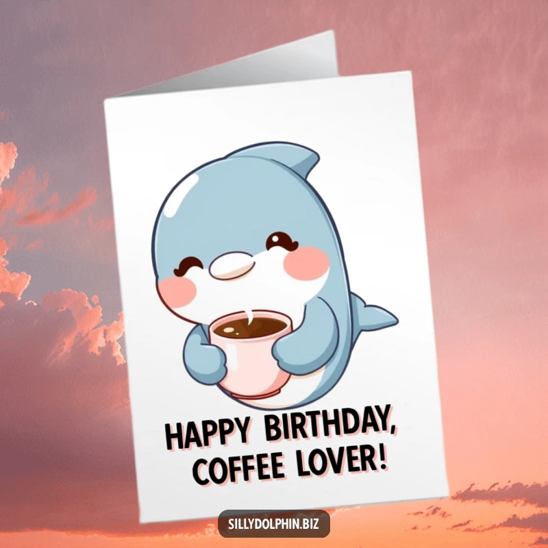 Funny Free Printable Birthday Card: Content dolphin holds a tiny, steaming cup of coffee.