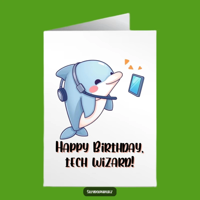 Free Printable Birthday Card: Techy Dolphin Headset - Funny Downloadable Gift for Nerds