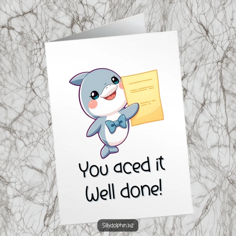 Funny Free Printable Congrats Card: Dolphin in bowtie proudly presents a glowing, oversized success report.