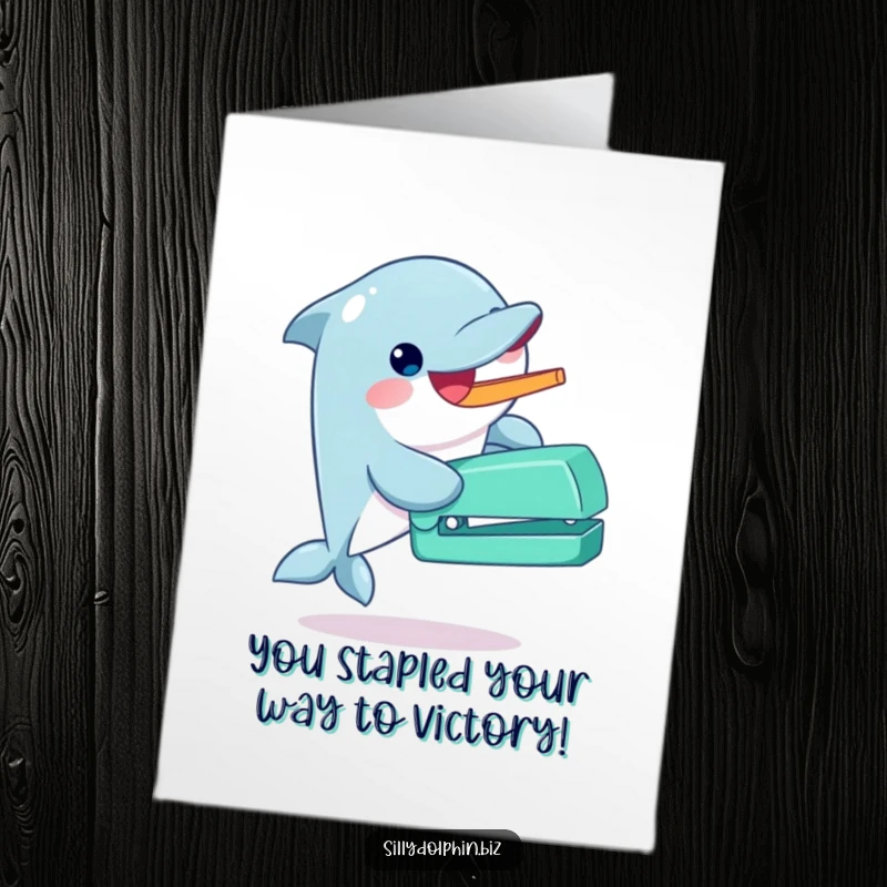 Funny Free Printable Congratulations Card: Dolphin cheerfully uses its fin to operate a large, humorous stapler.