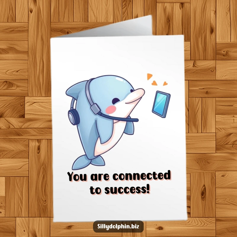 Funny Free Printable Congrats Card: Dolphin wearing a headset enthusiastically celebrates success on a floating screen.