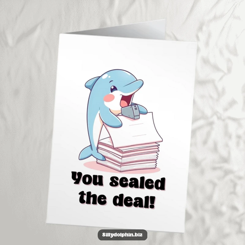 Funny Free Printable Congrats Card: Dolphin joyfully staples a huge pile of papers, celebrating success.