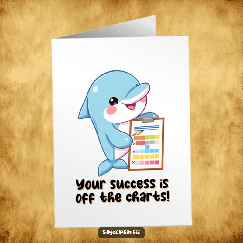 Funny Free Printable Congratulations Card: Dolphin with clipboard and pen, analyzing a vibrant, colorful chart.