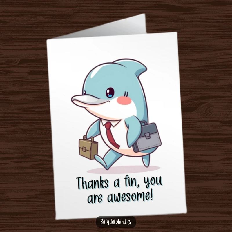 Funny Free Printable Thank You Card: A dolphin in a briefcase, marching with purpose to express gratitude.