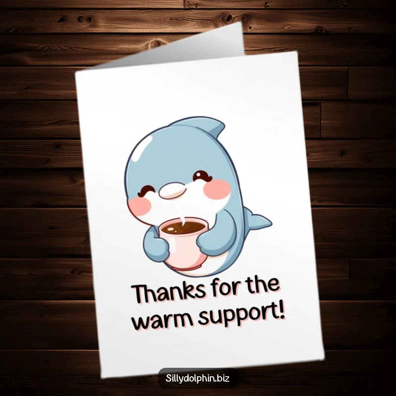 Funny Free Printable Thank You Card: Dolphin with a tiny steaming coffee cup expresses contentment.