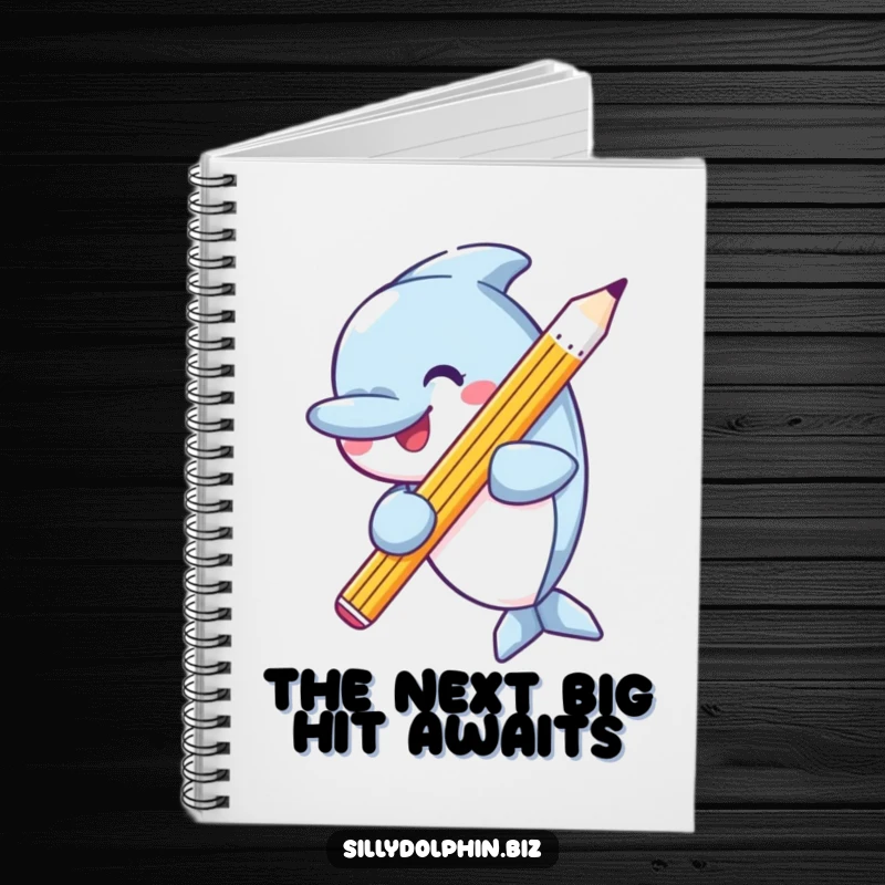 Funny notebook cover illustration of a happy dolphin holding a large, perfectly sharpened pencil, ready to capture your thoughts.