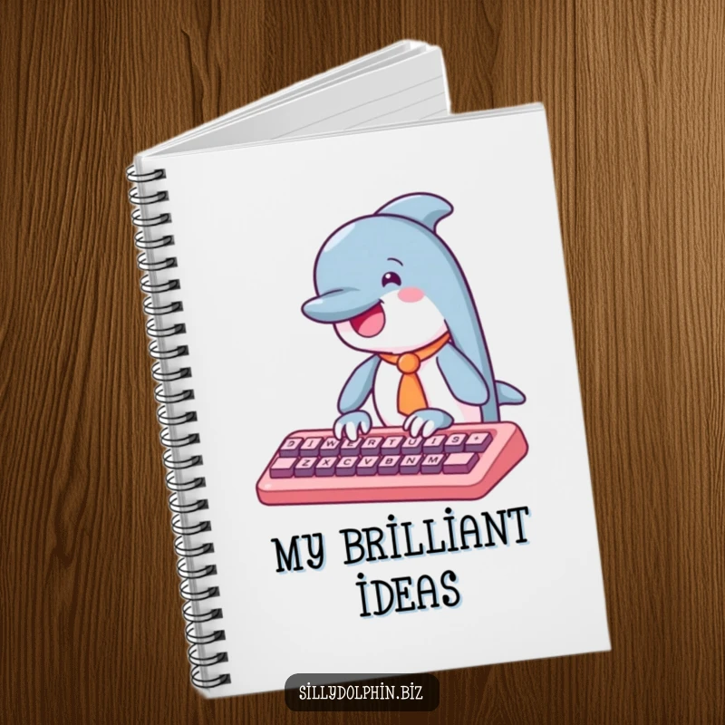 Funny dolphin notebook with a tie, enthusiastically typing on an abstract keyboard, perfect for work notes and creative thinking.