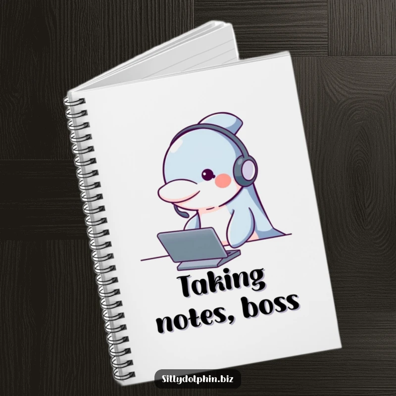 Funny dolphin notebook with a headset, looking attentive behind a desk, perfect for organized and humorous note-taking.