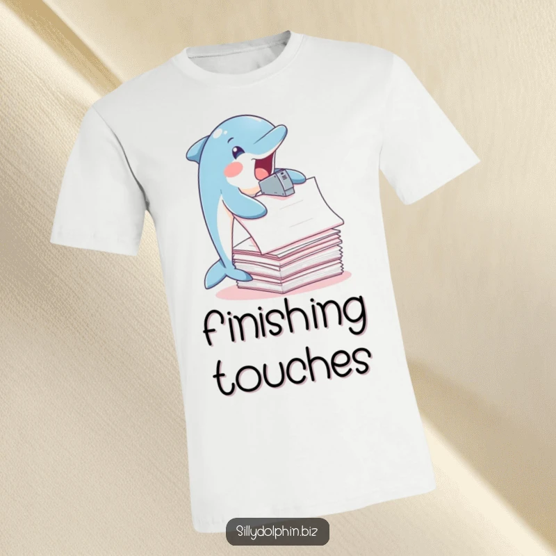 Funny Dolphin T-Shirt: Dolphin joyfully staples a stack of oversized papers with its fins, fun gift