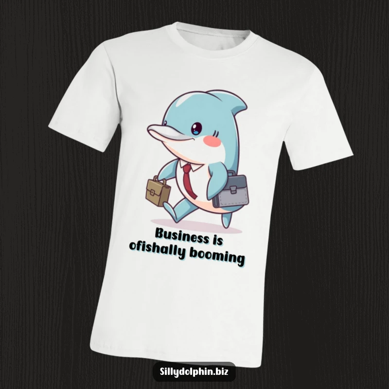 Funny dolphin in a tiny briefcase, marching purposefully, ready for business, printed on a comfortable t-shirt.