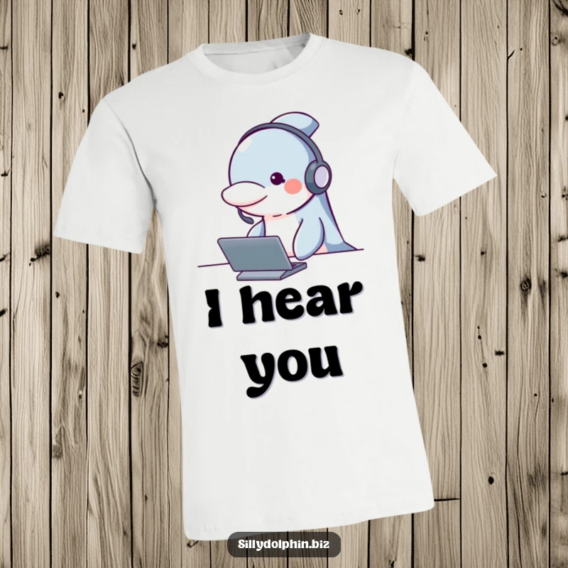 Funny dolphin t-shirt with a headset, looking attentive behind a desk, conveying focus and humor.