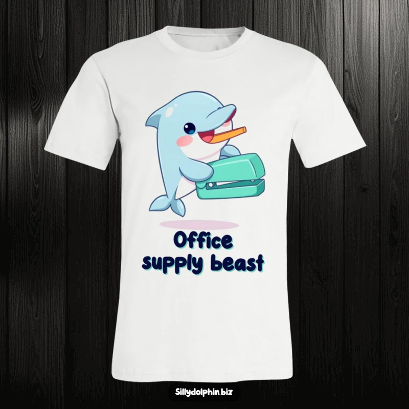 Funny dolphin t-shirt gleefully operating a quirky, oversized stapler with its fin, perfect for work or casual wear.