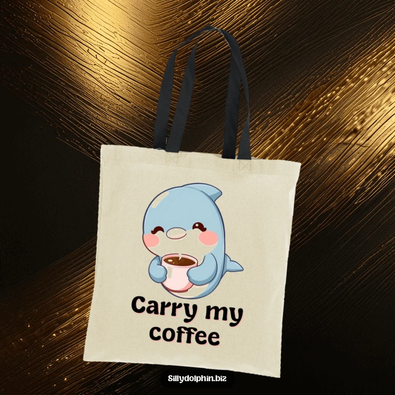 Funny Dolphin Tote Bag: Dolphin holding a tiny steaming coffee cup with a content expression, coffee carrier