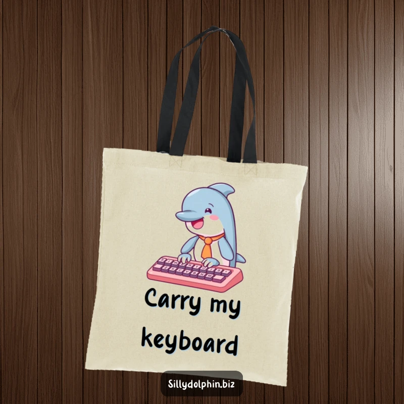 Funny dolphin tote bag with a tie, typing on an abstract keyboard, a humorous and practical accessory for professionals.