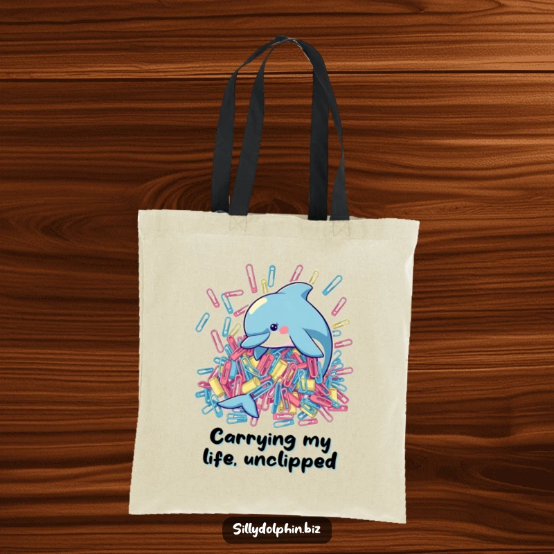 Funny tote bag illustration of a playful dolphin diligently attempting to organize a massive pile of oversized paperclips.