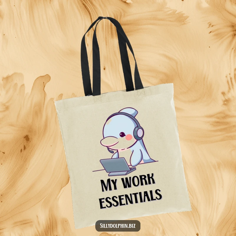 Funny dolphin tote bag with a headset, looking attentive behind a desk, ideal for carrying essentials with humor.
