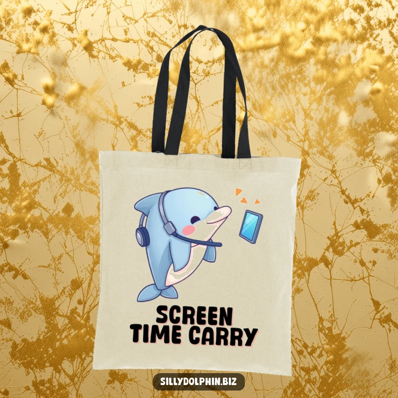 Funny Dolphin Tote Bag: Dolphin with headset looks enthusiastically at a floating screen, tech carry-all