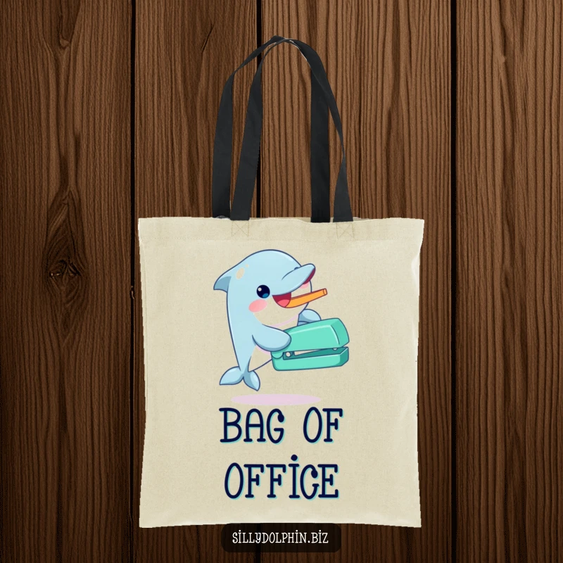 Funny dolphin tote bag gleefully operating a quirky, oversized stapler with its fin, a humorous and practical accessory.